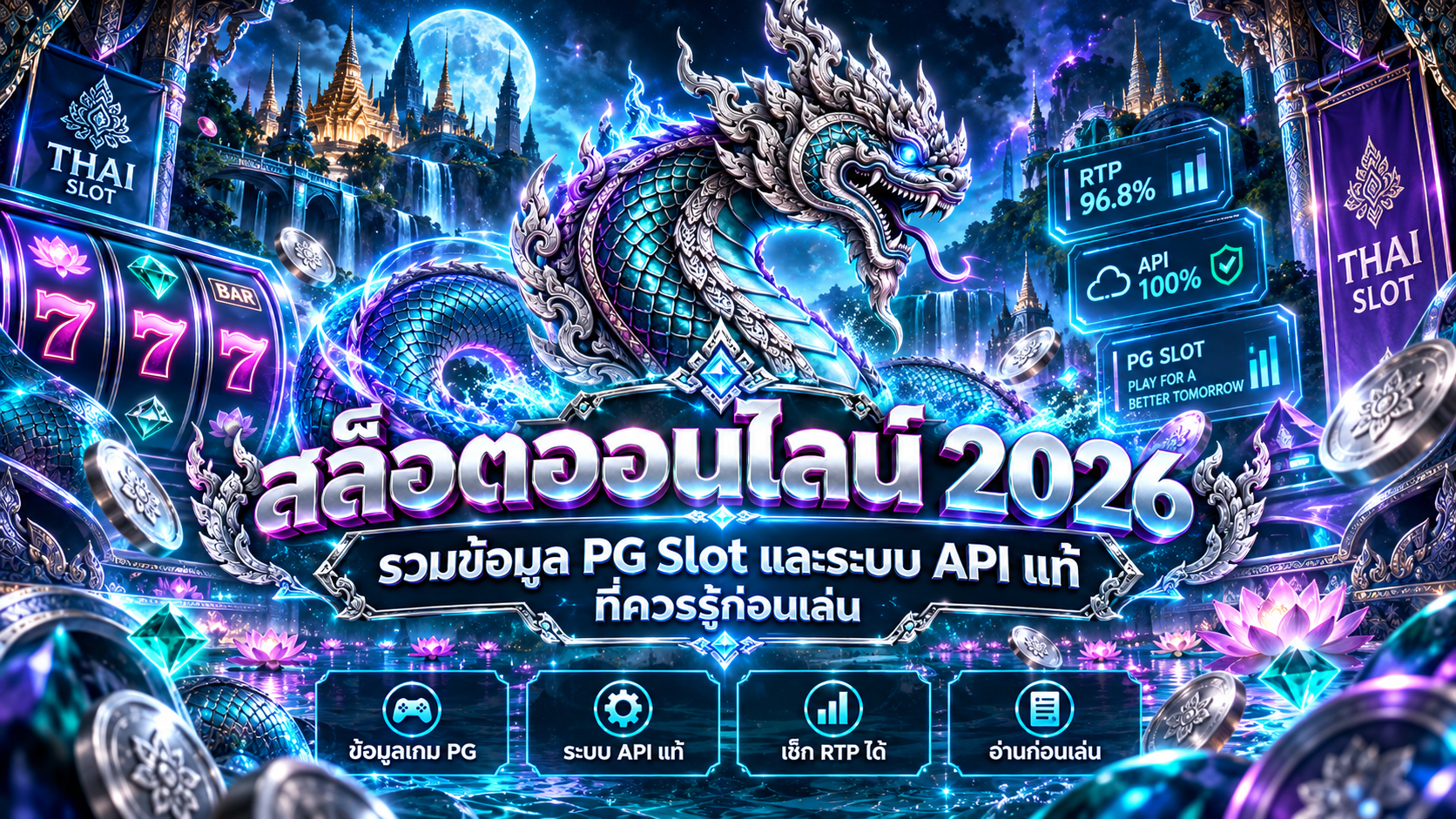 หน้าจอเกมสล็อตสมมติสำหรับอธิบายสัญลักษณ์และกติกา